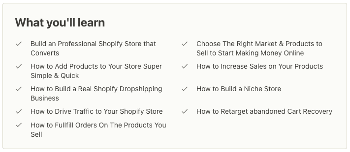 What you'll learn in Shopify Dropshipping Course