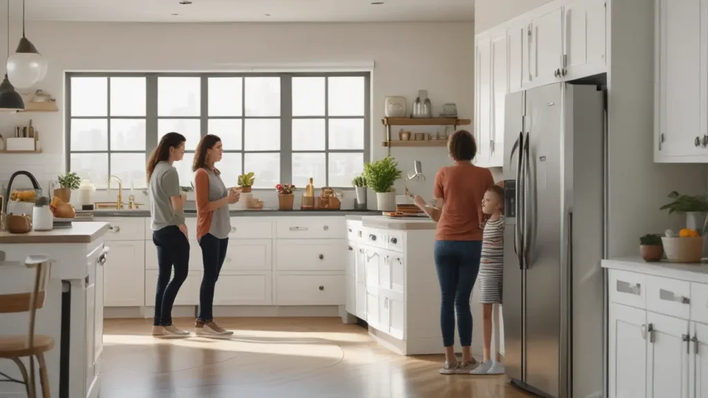 Family discussing refrigerator types